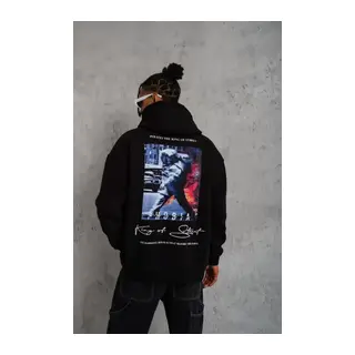 Erkek Astronot Baskılı Kapüşonlu Sweat - Siyah