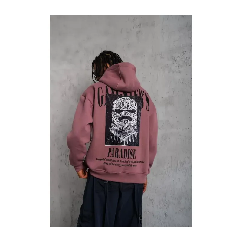 Erkek Paradise Baskılı Kapüşonlu Sweat - Gül Kurusu
