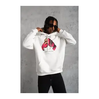 Erkek Eldiven Baskılı Kapüşonlu Sweat - Beyaz