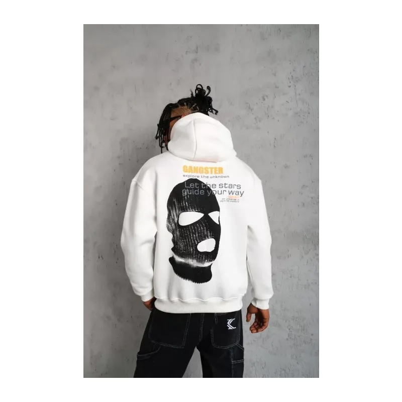 Erkek Kordonlu Maske Baskılı Kapüşonlu Sweat - Beyaz