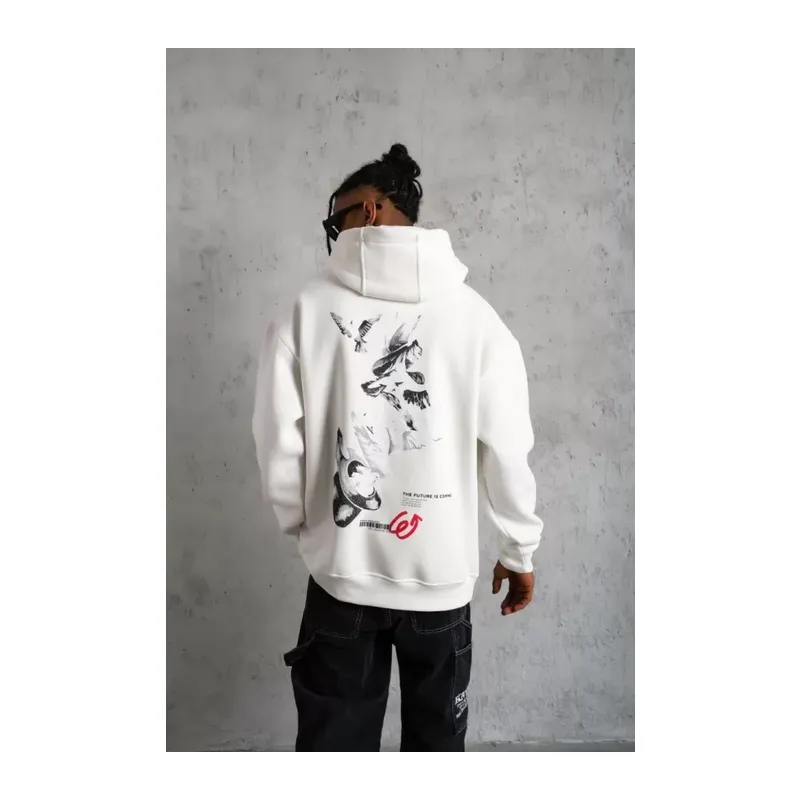 Erkek Şapkalı Güvercin Baskılı Kapşonlu Sweat - Beyaz