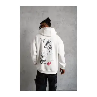 Erkek Şapkalı Güvercin Baskılı Kapşonlu Sweat - Beyaz