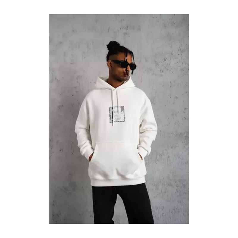 Erkek Ön Arka Baskılı Kapşonlu Sweat - Beyaz