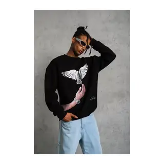 Erkek Güvercin Baskılı Sweatshirt - Siyah