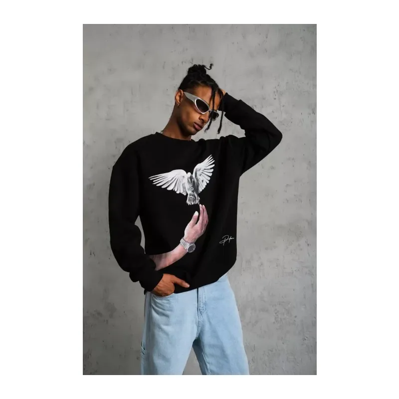 Erkek Güvercin Baskılı Sweatshirt - Siyah