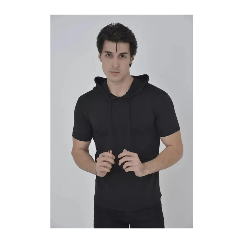 Erkek Kapşonlu Slim Fit T-shirt - Siyah