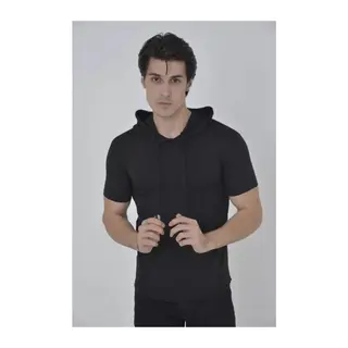 Erkek Kapşonlu Slim Fit T-shirt - Siyah