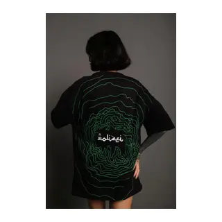 Bisiklet Yakalı Sırt Baskılı Oversize T-Shirt - Siyah