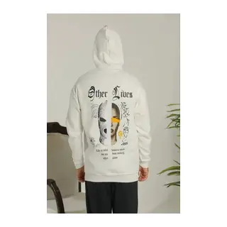 Erkek Sırt Baskılı Oversize Üç İplik Kapüşonlu Sweatshirt - Beyaz