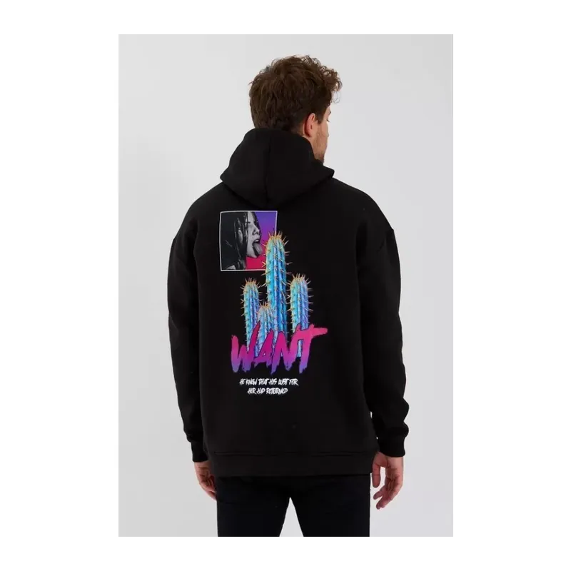 Erkek Baskılı Üç İplik Kapüşonlu Oversize Sweatshirt - Siyah