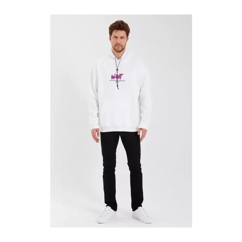 Erkek Baskılı Üç İplik Kapüşonlu Oversize Sweatshirt - Beyaz