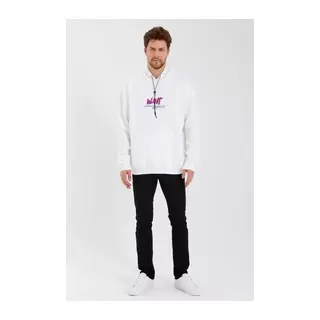 Erkek Baskılı Üç İplik Kapüşonlu Oversize Sweatshirt - Beyaz