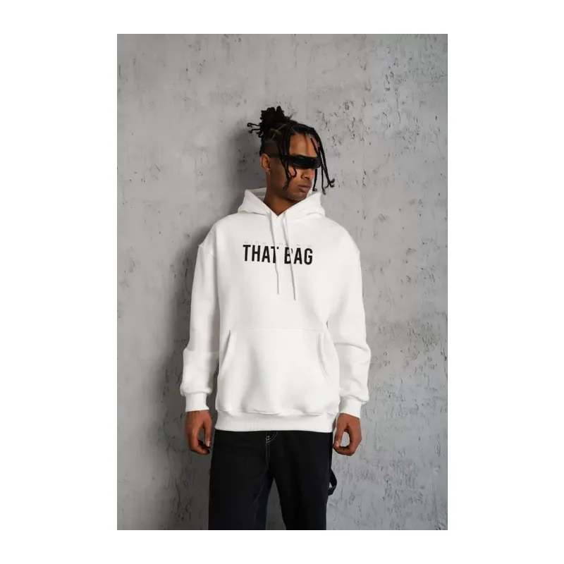 Erkek Kanguru Cep Baskılı Kapüşonlu Sweatshirt - Beyaz