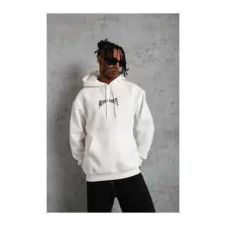 Erkek Kordon İpli Baskılı Kapüşonlu Sweatshirt - Beyaz