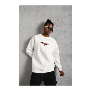 Erkek 3 İplik Gangster Baskılı Sweatshirt - Beyaz