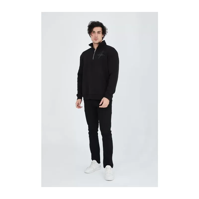 Erkek Yarım Fermuarlı Baskılı Sweat - Siyah