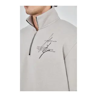 Erkek Yarım Fermuarlı Baskılı Sweat - Boyalı Gri