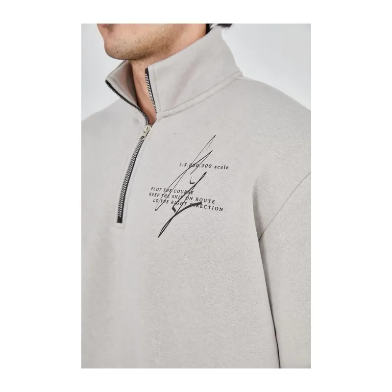 Erkek Yarım Fermuarlı Baskılı Sweat - Boyalı Gri