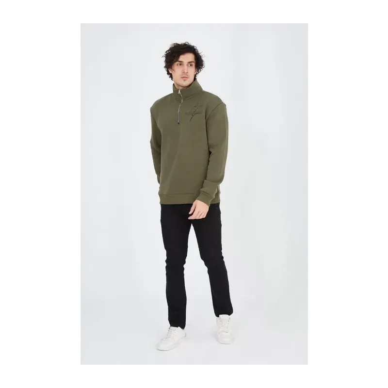 Erkek Yarım Fermuarlı Baskılı Sweat - Yeşil