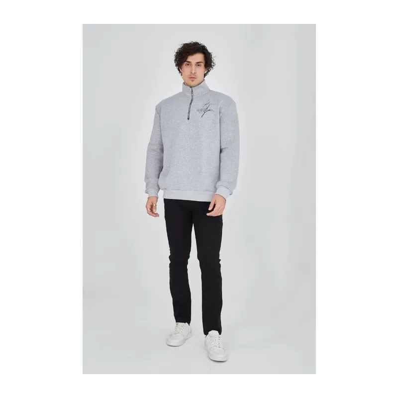 Erkek Yarım Fermuarlı Baskılı Sweat - Gri