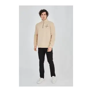 Erkek Yarım Fermuarlı Baskılı Sweat - Bej