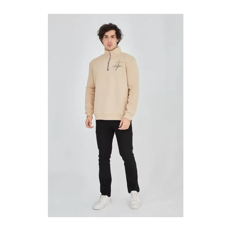 Erkek Yarım Fermuarlı Baskılı Sweat - Bej