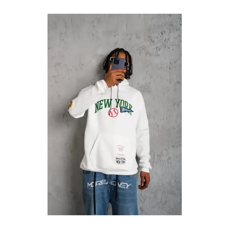 Erkek Baskılı Kapüşonlu Sweatshirt - Beyaz