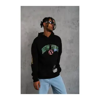 Erkek Baskılı Kapüşonlu Sweatshirt - Siyah