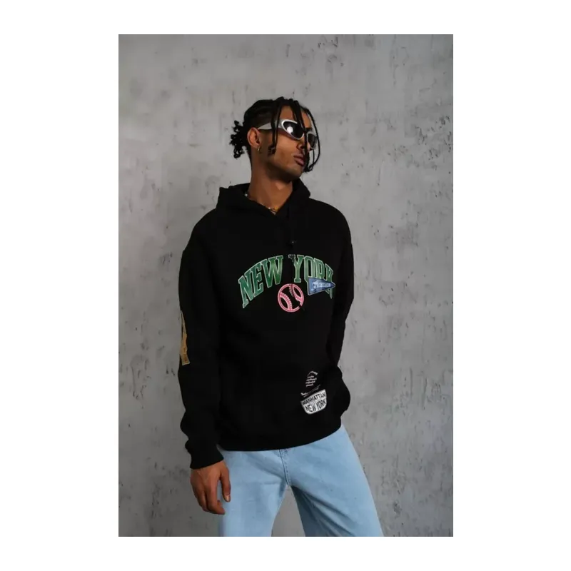 Erkek Baskılı Kapüşonlu Sweatshirt - Siyah