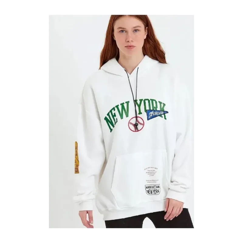 Baskılı Kapüşonlu Sweatshirt - Beyaz