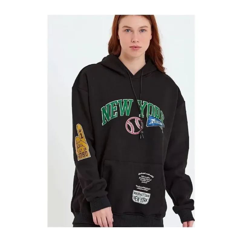 Baskılı Kapüşonlu Sweatshirt - Siyah