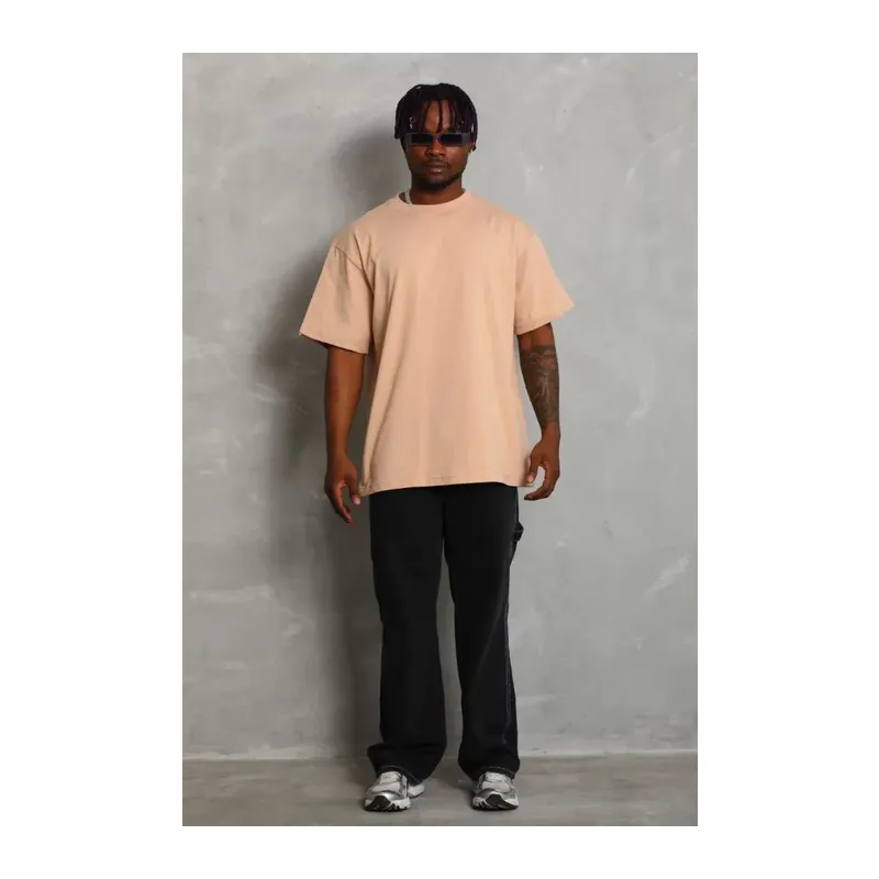 Unisex Oversize Düz Bisiklet Yaka T-Shirt - Bej