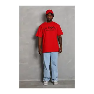 Unisex Oversize Baskılı Bisiklet Yaka T-Shirt - Kırmızı