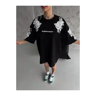 Unisex Flok Kabartma Baskılı T-Shirt - Siyah