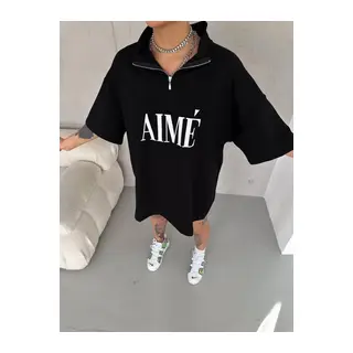 Unisex Yarım Fermuarlı Baskılı T-Shirt - Siyah