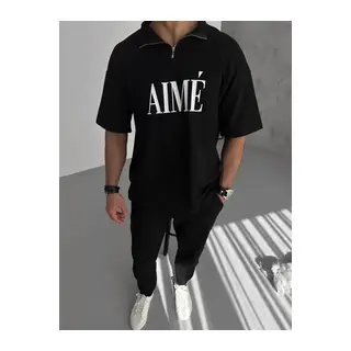 Unisex Yarım Fermuarlı Baskılı T-Shirt - Siyah