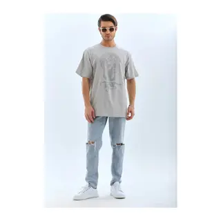 Unisex Oversize Taşlı Bisiklet Yaka T-Shirt - Gri