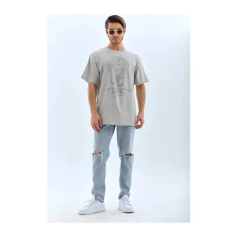Unisex Oversize Taşlı Bisiklet Yaka T-Shirt - Gri