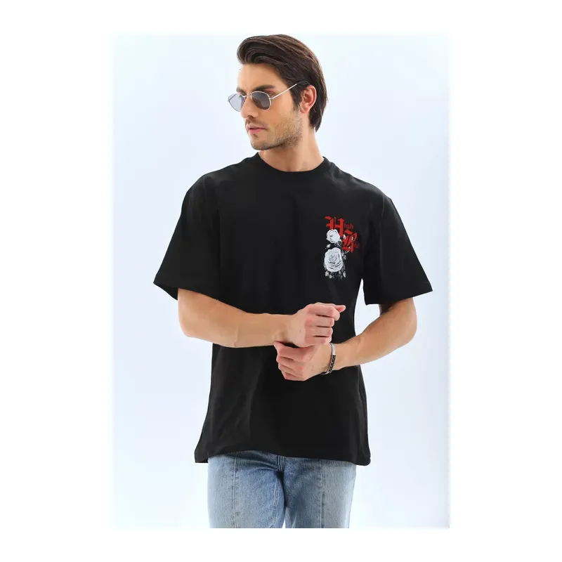 Unisex Oversize Baskılı Bisiklet Yaka T-Shirt - Siyah