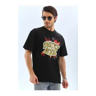 Unisex Oversize Baskılı Bisiklet Yaka T-Shirt - Siyah