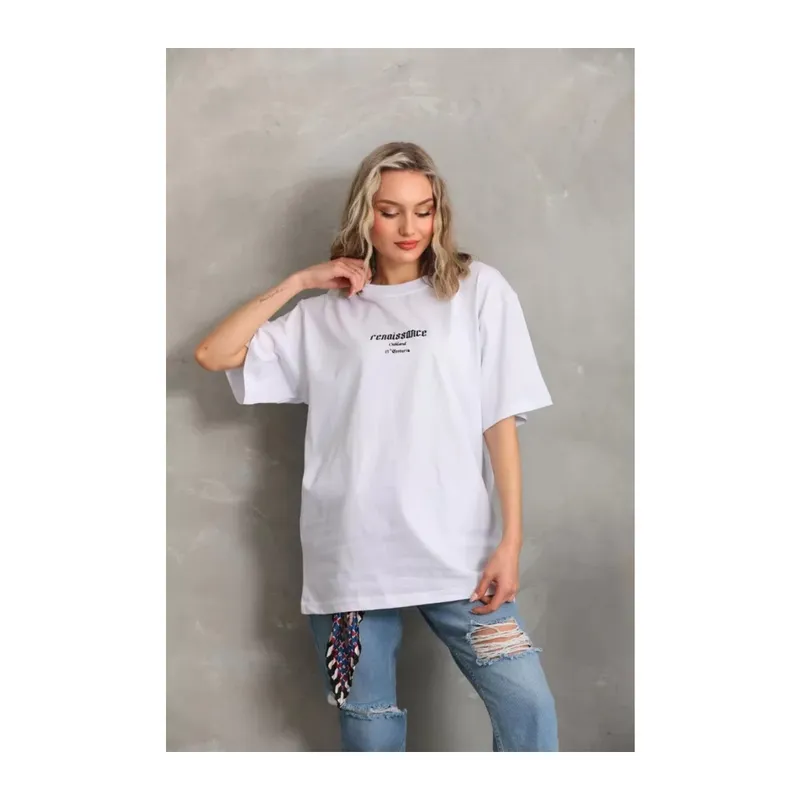 Unisex Baskılı Oversize T-Shirt - Beyaz