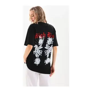 Unisex Baskılı Oversize T-Shirt - Siyah