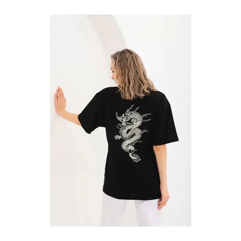 Unisex Baskılı Oversize T-Shirt - Siyah