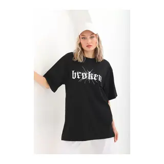 Unisex Baskılı Oversize T-Shirt - Siyah
