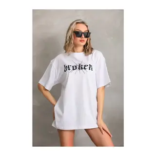 Unisex Baskılı Oversize T-Shirt - Beyaz