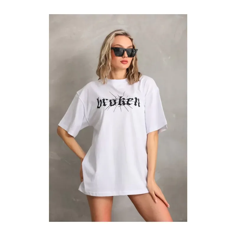 Unisex Baskılı Oversize T-Shirt - Beyaz