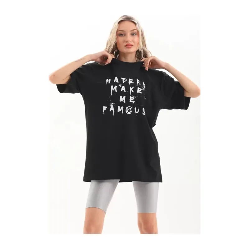 Unisex Baskılı Oversize T-Shirt - Siyah