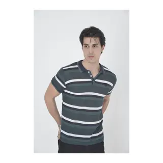 Erkek Yakalı Slim Fit Dokuma Çizgili T-Shirt - Haki