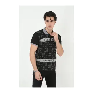 Erkek Yakalı Slim Fit Baskılı T-Shirt - Siyah