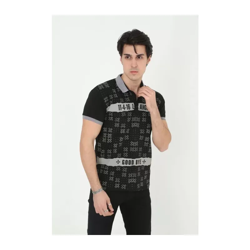 Erkek Yakalı Slim Fit Baskılı T-Shirt - Siyah